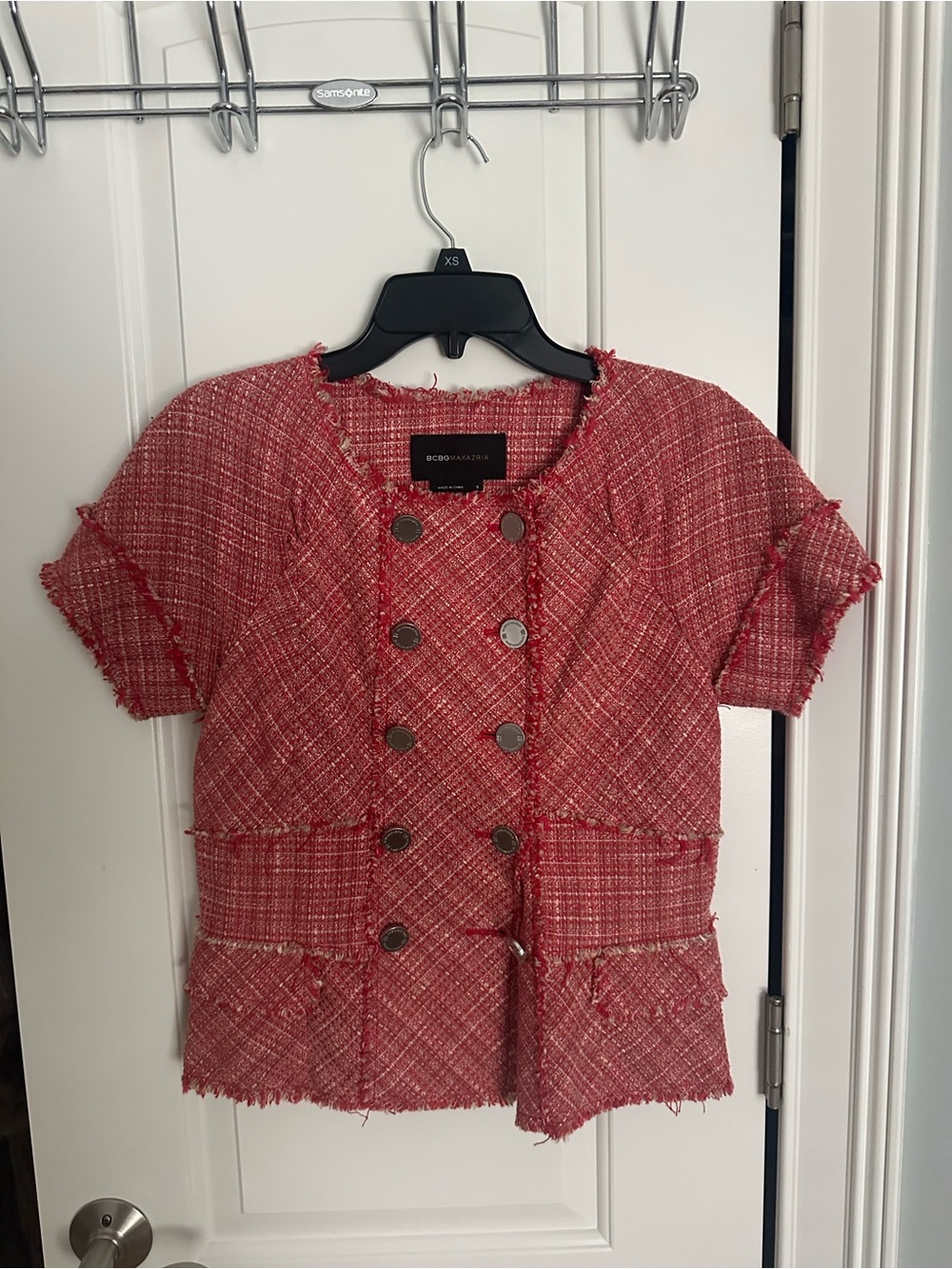 BCBGMaxAzria Pink Tweed Double-Breasted Short Sleeve Jacket
